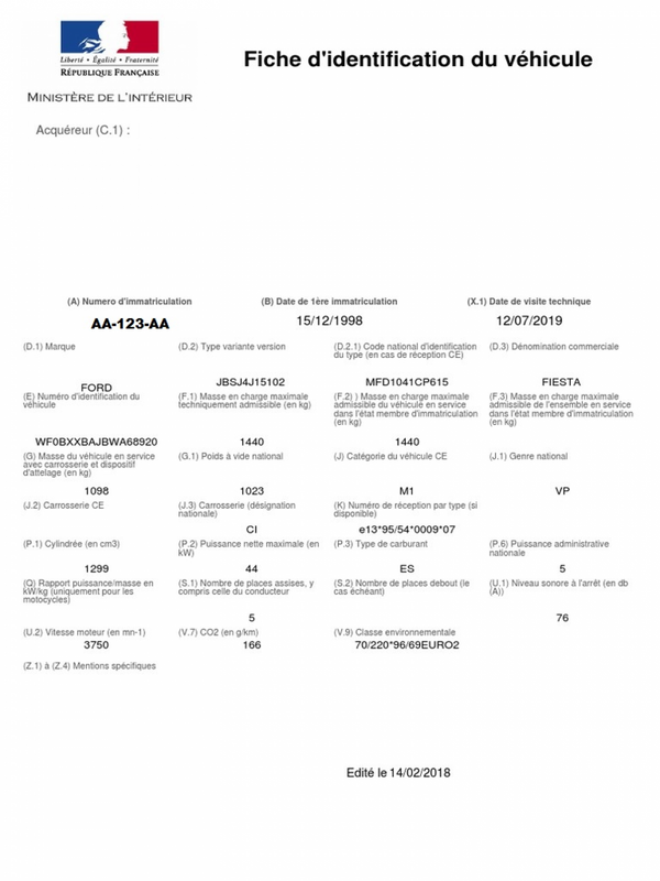Fiche d'identification pour un contrôle technique